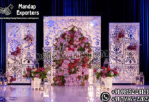 Majestic Muslim Mangni Ceremony Stage Decor Moroccan style backdrop, lotus carved backdrop, mirror wedding backdrop, yellow haldi décor, mehendi ceremony setup, luxury wedding backdrop, floral haldi stage, decorative event backdrop, carved wedding panels, Moroccan wedding décor, wedding lounge setup, traditional haldi decoration, event décor manufacturers, wedding backdrop exporters