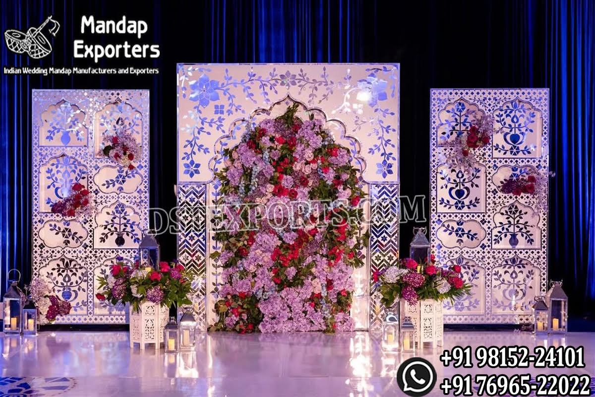 Moroccan style backdrop, lotus carved backdrop, mirror wedding backdrop, yellow haldi décor, mehendi ceremony setup, luxury wedding backdrop, floral haldi stage, decorative event backdrop, carved wedding panels, Moroccan wedding décor, wedding lounge setup, traditional haldi decoration, event décor manufacturers, wedding backdrop exporters