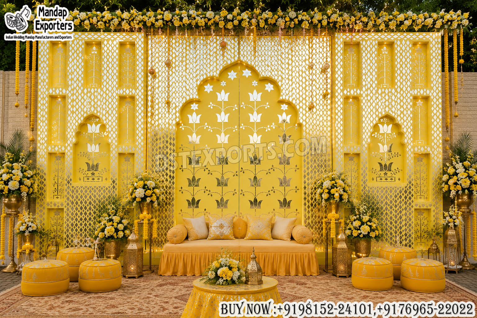 Moroccan Style Lotus Carved Mirror Backdrop For Haldi Ceremony