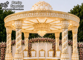 Opulent Lotus Dome Mandap For Outdoor Weddings south indian wedding mandap, temple style wedding mandap, manavarai mandap design, hindu wedding mandap decoration, white gold wedding mandap, traditional wedding mandap India, luxury wedding mandap setup, carved mandap pillars, muhurtham stage decoration, wedding mandap exporters India, premium mandap design, temple theme wedding decor, indian wedding stage mandap, decorative mandap supplier