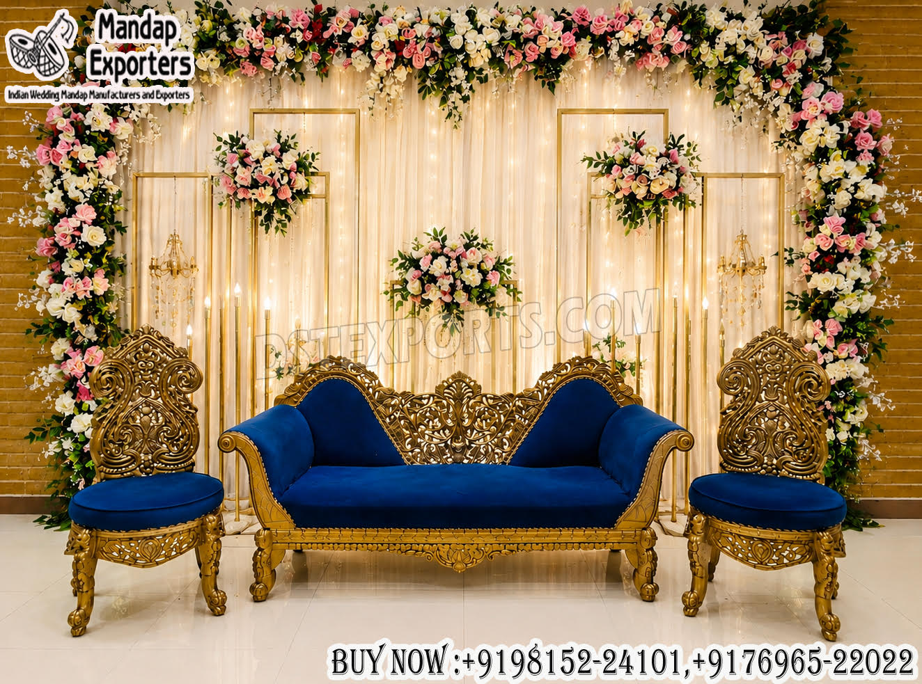 Premium Walima Stage Decor Blue Velvet Sofa Set