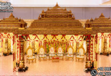 South Indian Shikhara Style Wedding Mandap Premium handcrafted South Indian Shikhara style wooden wedding mandap. Features traditional Dravidian temple architecture, multi-tiered carved roofs, and gold-walnut finish. Worldwide shipping available. Request a quote.