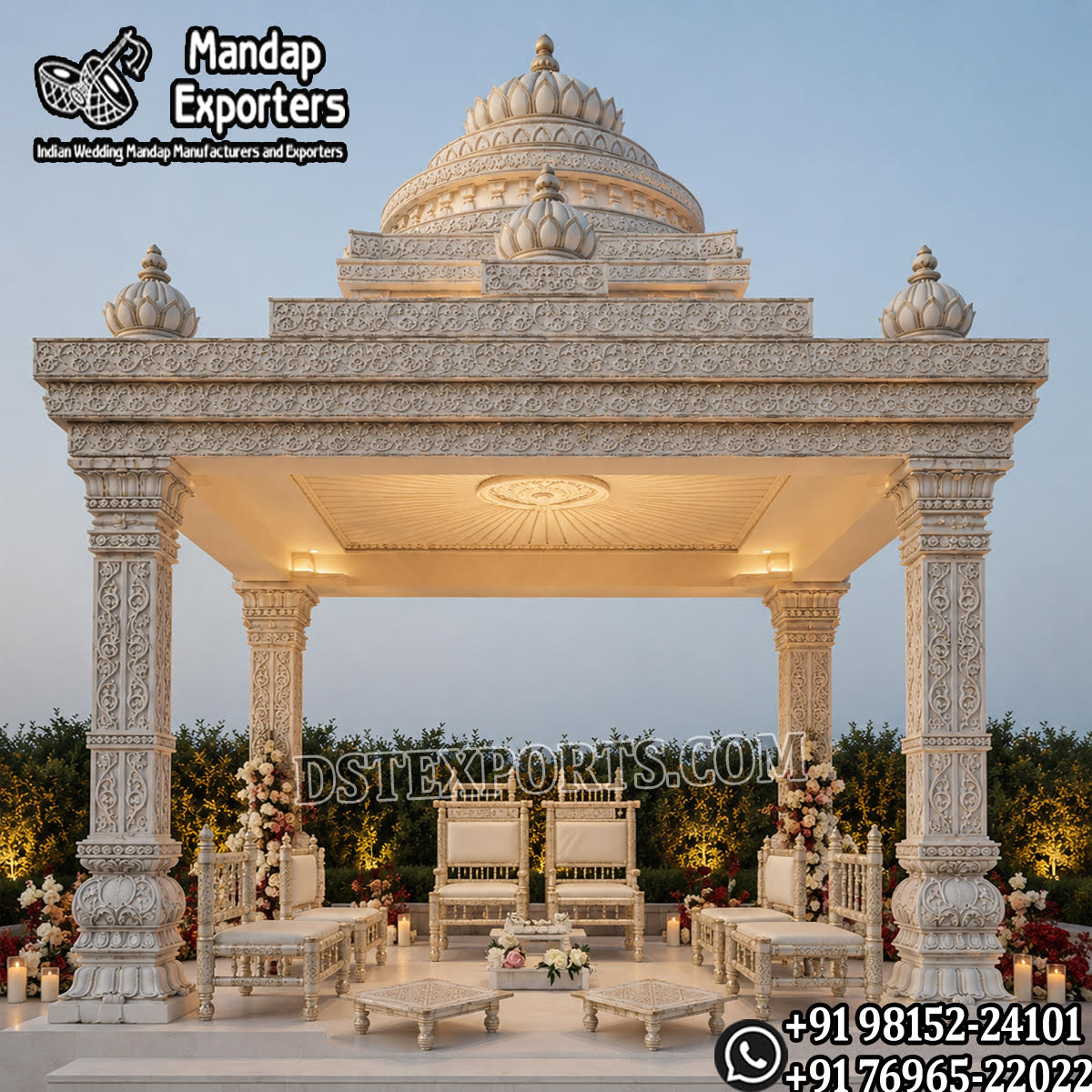 south indian wedding mandap, temple style wedding mandap, manavarai mandap design, hindu wedding mandap decoration, white gold wedding mandap, traditional wedding mandap India, luxury wedding mandap setup, carved mandap pillars, muhurtham stage decoration, wedding mandap exporters India, premium mandap design, temple theme wedding decor, indian wedding stage mandap, decorative mandap supplier