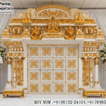 Tirupathi wedding mandap, South Indian wedding backdrop, temple style mandap, traditional manavarai set, Hindu wedding mandap design, golden wedding backdrop, carved mandap panels, luxury wedding mandap, Indian temple decor backdrop, deity wedding stage, South Indian marriage stage, ornate mandap design, wedding stage pillars decor, premium mandap set, cultural wedding backdrop
