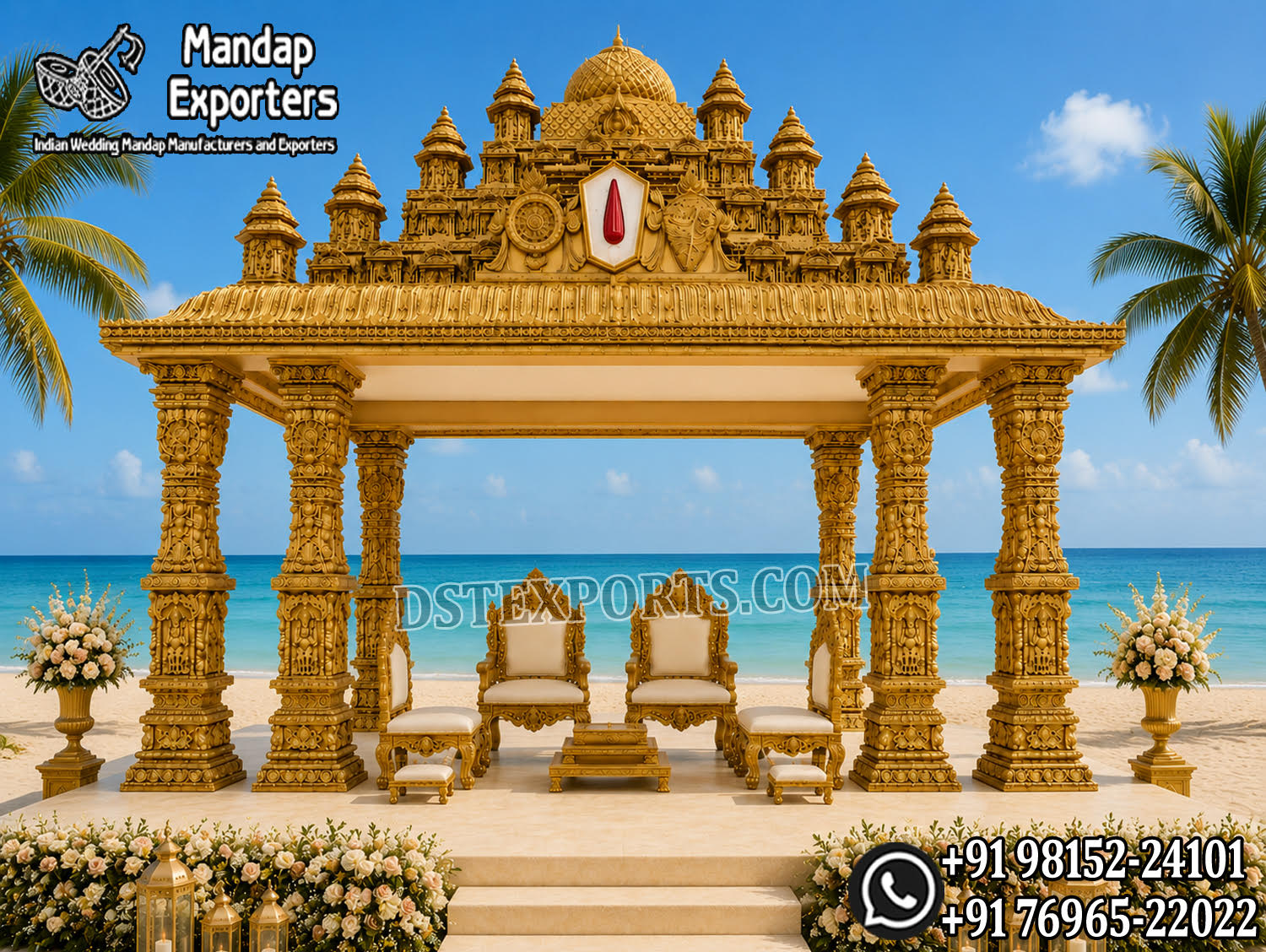 South Indian temple mandap, luxury wedding mandap decor, temple style wedding stage, traditional wedding mandap, grand wedding backdrop, white and gold mandap, carved wedding stage, premium wedding decor, Indian wedding stage setup, royal wedding mandap, handcrafted mandap design, South Indian wedding decor, designer wedding stage, ornate temple backdrop, luxury wedding furniture, wedding event decor manufacturer, carved pillar mandap, wedding reception stage, Hindu wedding mandap setup