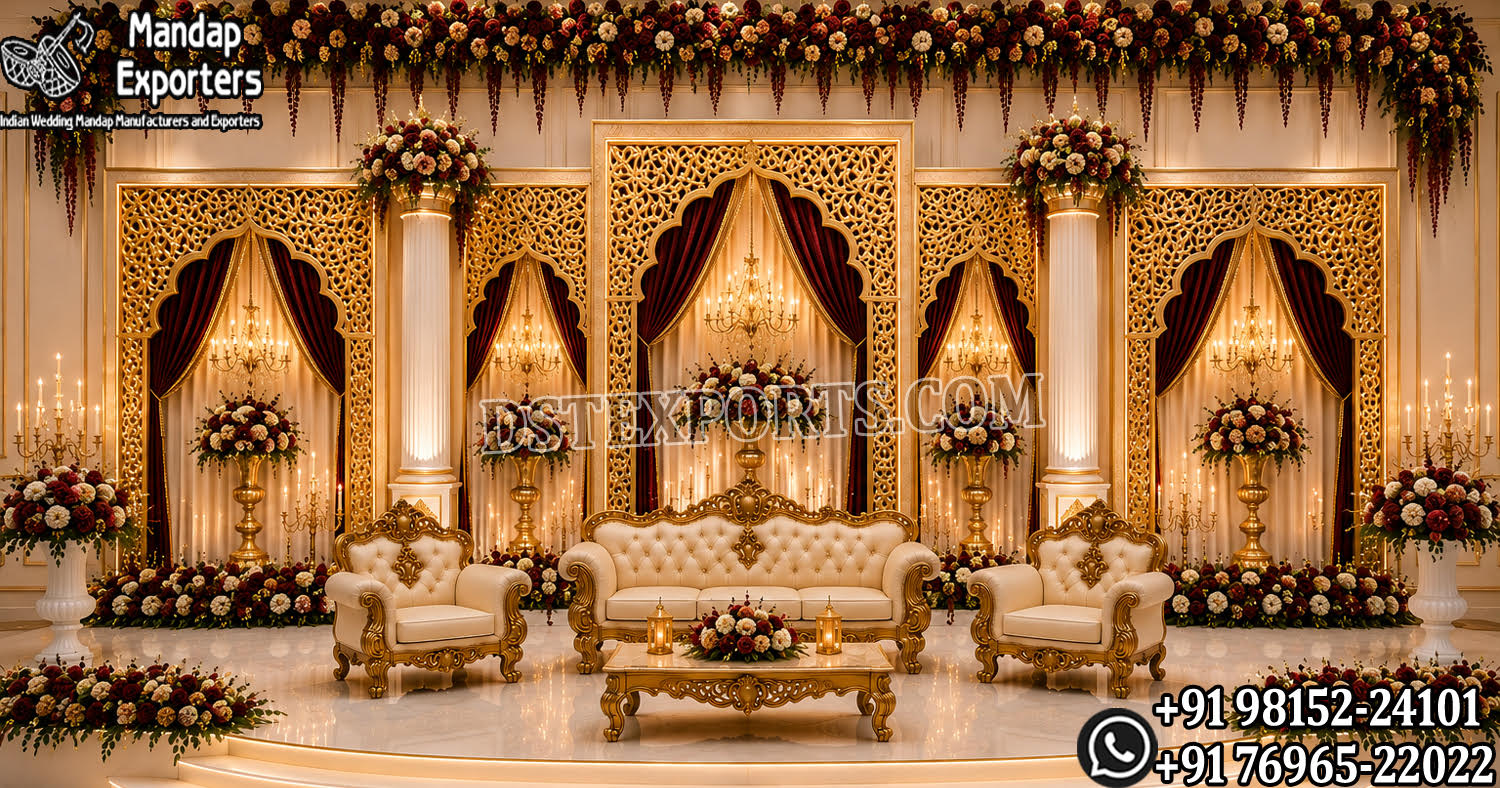 Royal wedding stage, Indian wedding reception stage, luxury wedding mandap, palace style wedding stage, South Indian wedding stage, carved wedding backdrop, royal mandap design, elephant wedding stage, grand wedding stage decoration, traditional Indian wedding setup, designer mandap stage, wedding stage for reception, luxury wedding décor, white carved mandap, Maharaja style wedding stage, premium wedding backdrop, handcrafted wedding mandap, floral wedding stage, wedding event stage, decorative mandap setup