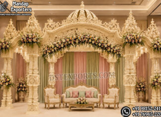 Majestic Peacock Theme Dual Pole Mandap with Dome South Indian temple mandap, luxury wedding mandap decor, temple style wedding stage, traditional wedding mandap, grand wedding backdrop, white and gold mandap, carved wedding stage, premium wedding decor, Indian wedding stage setup, royal wedding mandap, handcrafted mandap design, South Indian wedding decor, designer wedding stage, ornate temple backdrop, luxury wedding furniture, wedding event decor manufacturer, carved pillar mandap, wedding reception stage, Hindu wedding mandap setup