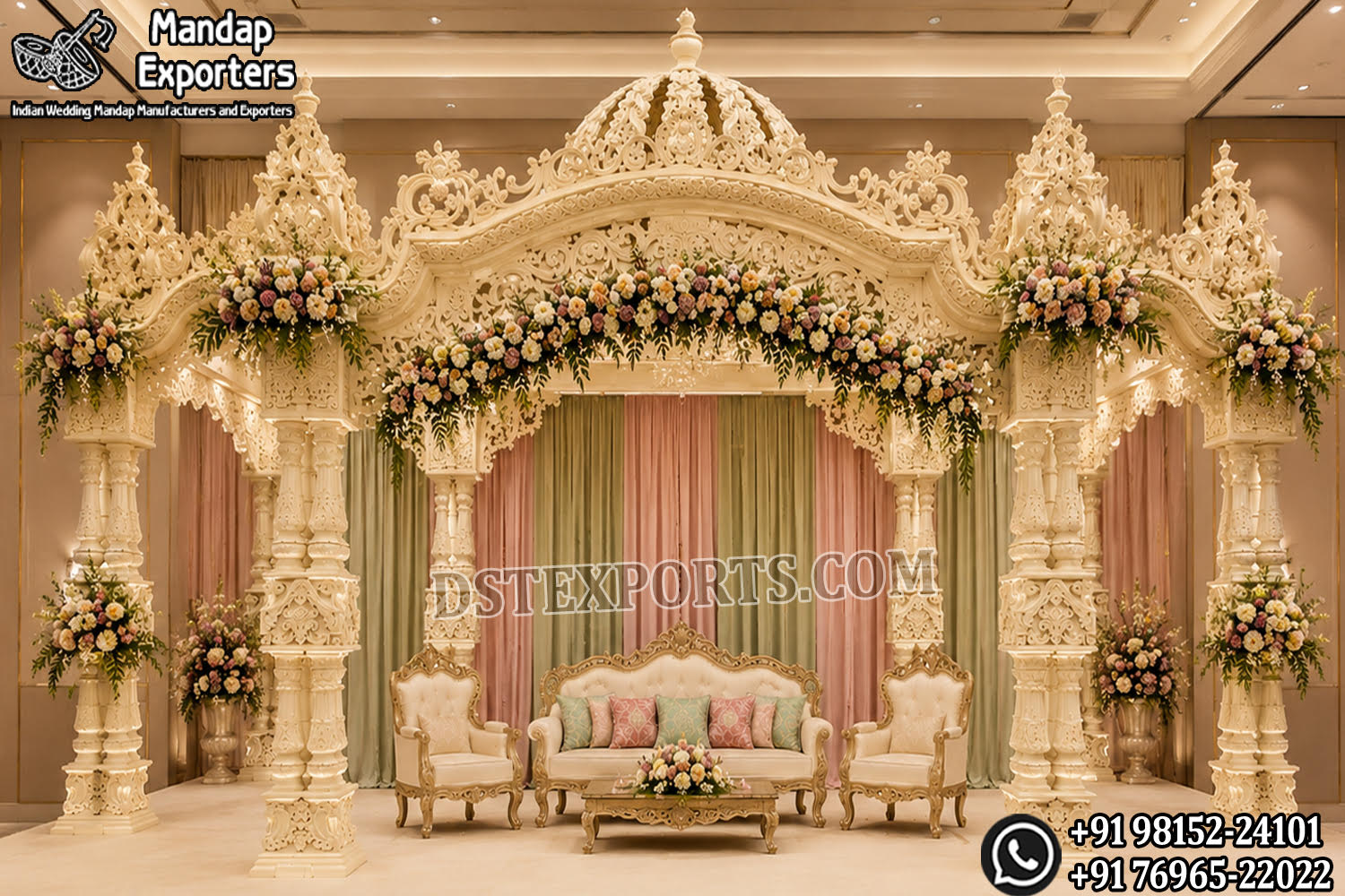 South Indian temple mandap, luxury wedding mandap decor, temple style wedding stage, traditional wedding mandap, grand wedding backdrop, white and gold mandap, carved wedding stage, premium wedding decor, Indian wedding stage setup, royal wedding mandap, handcrafted mandap design, South Indian wedding decor, designer wedding stage, ornate temple backdrop, luxury wedding furniture, wedding event decor manufacturer, carved pillar mandap, wedding reception stage, Hindu wedding mandap setup