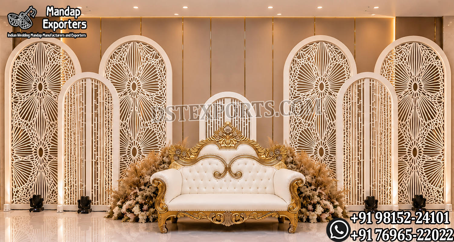 Islamic style wedding backdrop, Walima stage decoration panels, laser cut wedding backdrop, Moroccan style laser panels, Muslim wedding stage setup, luxury Walima backdrop, royal Islamic wedding décor, laser cut partition panels, wedding reception backdrop design, Nikah stage decoration, decorative laser cut panels for events, Arabic style wedding backdrop, elegant wedding stage panels, premium wedding backdrop set, wedding event décor manufacturers, wedding stage furniture and backdrop, floral wedding backdrop setup, luxury Muslim wedding décor ideas, laser cut backdrop supplier India, banquet hall wedding decoration set