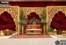 Mughal Palace-Style Mehrab Arch Panels For Islamic Weddings walima stage décor, paisley wedding backdrop, luxury walima setup, golden paisley panels, royal wedding stage, carved paisley backdrop, wedding reception décor, designer walima stage, Islamic wedding stage décor, luxury wedding backdrop, decorative paisley frames, banquet hall wedding setup, premium stage decoration, ornate wedding backdrop, wedding couple seating, handcrafted wedding décor, elegant walima backdrop, destination wedding stage, cultural wedding décor, floral wedding setup, royal event stage, luxury stage furniture, decorative wedding panels, Asian wedding stage décor, premium walima decoration