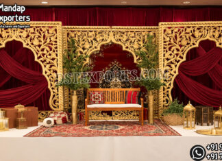 Mughal Palace-Style Mehrab Arch Panels For Islamic Weddings walima stage décor, paisley wedding backdrop, luxury walima setup, golden paisley panels, royal wedding stage, carved paisley backdrop, wedding reception décor, designer walima stage, Islamic wedding stage décor, luxury wedding backdrop, decorative paisley frames, banquet hall wedding setup, premium stage decoration, ornate wedding backdrop, wedding couple seating, handcrafted wedding décor, elegant walima backdrop, destination wedding stage, cultural wedding décor, floral wedding setup, royal event stage, luxury stage furniture, decorative wedding panels, Asian wedding stage décor, premium walima decoration