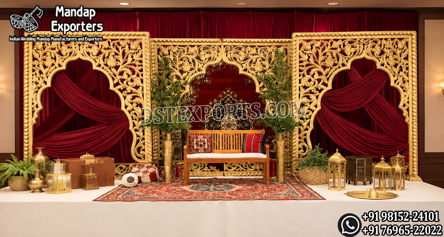 walima stage décor, paisley wedding backdrop, luxury walima setup, golden paisley panels, royal wedding stage, carved paisley backdrop, wedding reception décor, designer walima stage, Islamic wedding stage décor, luxury wedding backdrop, decorative paisley frames, banquet hall wedding setup, premium stage decoration, ornate wedding backdrop, wedding couple seating, handcrafted wedding décor, elegant walima backdrop, destination wedding stage, cultural wedding décor, floral wedding setup, royal event stage, luxury stage furniture, decorative wedding panels, Asian wedding stage décor, premium walima decoration