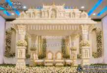 Wedding Tirupati Balaji Mandap for Kalyan Ceremonial Events South Indian temple mandap, luxury wedding mandap decor, temple style wedding stage, traditional wedding mandap, grand wedding backdrop, white and gold mandap, carved wedding stage, premium wedding decor, Indian wedding stage setup, royal wedding mandap, handcrafted mandap design, South Indian wedding decor, designer wedding stage, ornate temple backdrop, luxury wedding furniture, wedding event decor manufacturer, carved pillar mandap, wedding reception stage, Hindu wedding mandap setup