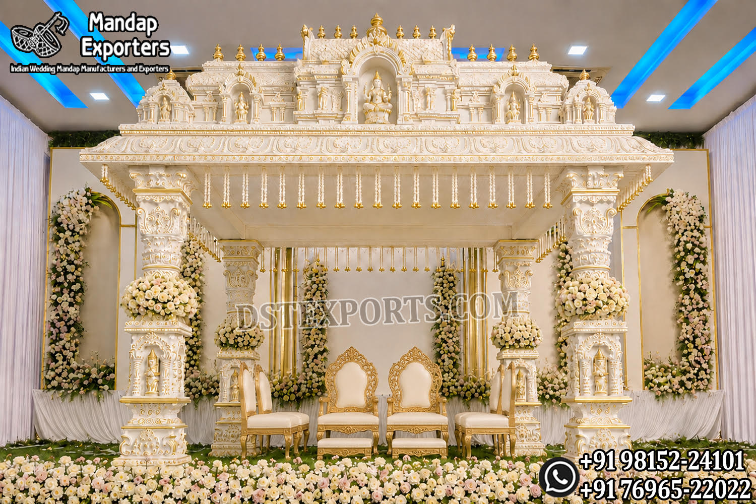 South Indian temple mandap, luxury wedding mandap decor, temple style wedding stage, traditional wedding mandap, grand wedding backdrop, white and gold mandap, carved wedding stage, premium wedding decor, Indian wedding stage setup, royal wedding mandap, handcrafted mandap design, South Indian wedding decor, designer wedding stage, ornate temple backdrop, luxury wedding furniture, wedding event decor manufacturer, carved pillar mandap, wedding reception stage, Hindu wedding mandap setup