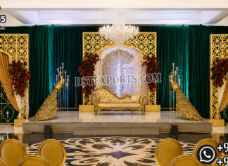 Decorative Metal Laser Cut Screens for Luxury Wedding Decor Luxury decorative metal laser cut wedding stage panels with gold geometric frames, elegant drapes, floral arrangements, peacock décor, and royal bridal seating, custom manufactured and exported for luxury wedding stage decoration, banquet halls, hotels, and event planners in the USA.