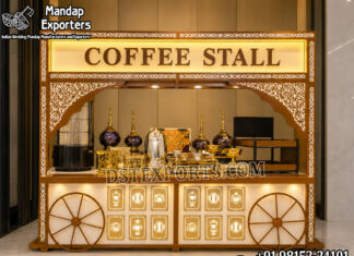 Designer Banquet Coffee & Tea Counter Manufacturer Premium stainless steel live wedding food stall counter with decorative white and gold panels, elegant center arch, and luxury catering setup for wedding receptions, banquets, hotels, and event décor.