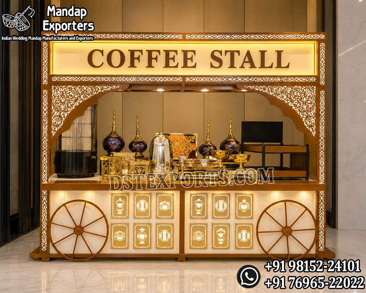 Premium stainless steel live wedding food stall counter with decorative white and gold panels, elegant center arch, and luxury catering setup for wedding receptions, banquets, hotels, and event décor.