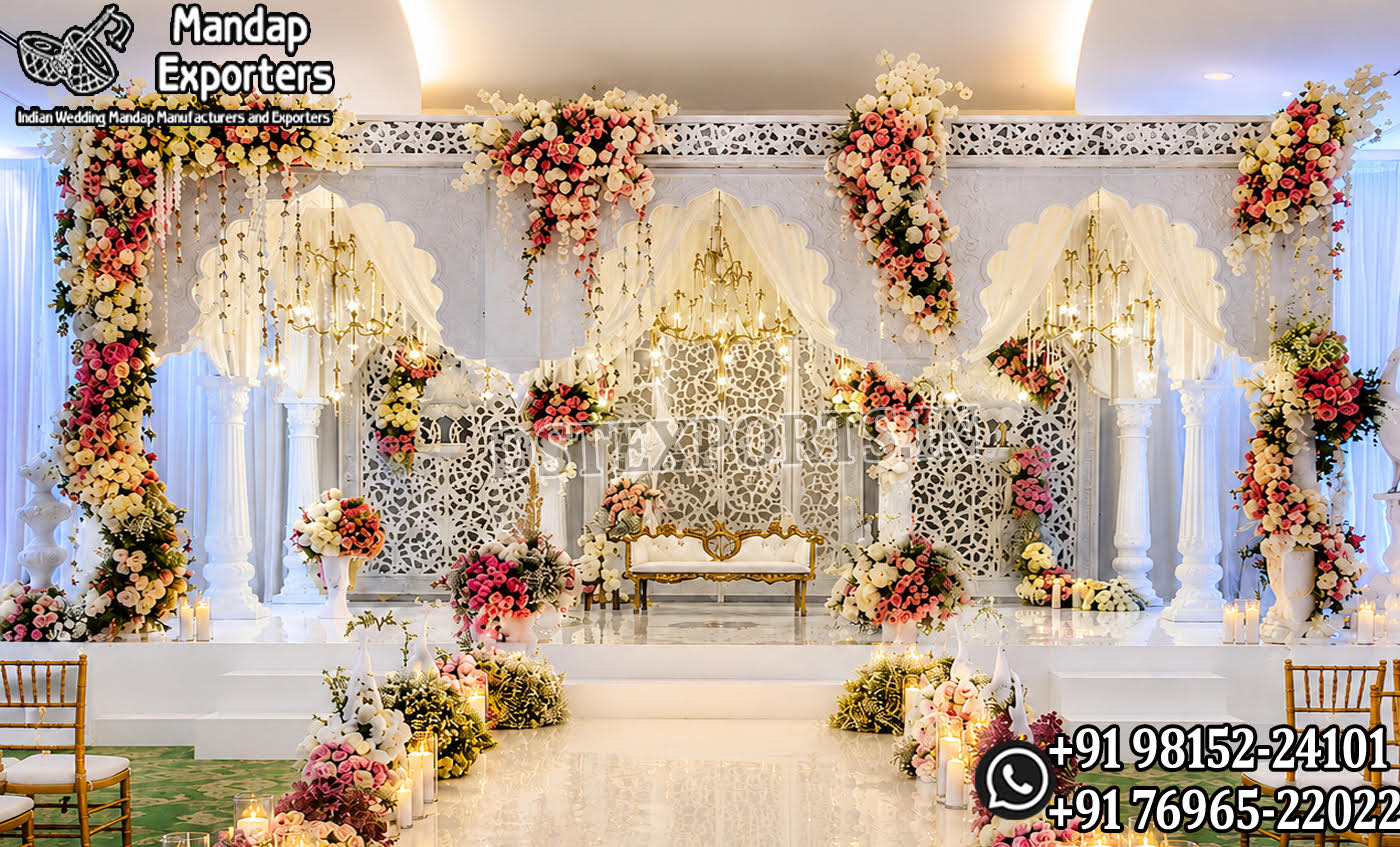 destination wedding mandap, fusion wedding pavilion mandap, luxury wedding canopy, outdoor wedding mandap, white and gold wedding mandap, laser cut wedding mandap, Islamic style wedding mandap, Mughal inspired mandap, royal wedding pavilion, designer wedding mandap setup, premium wedding mandap décor, floral wedding mandap, crystal hanging mandap, luxury phera mandap, wedding stage decoration, modern wedding mandap design, elegant wedding canopy setup, destination wedding decor Royal Mughal Wedding Stage Backdrop, Mughal Arch Wedding Backdrop, Fiber Wedding Stage Panels, Luxury Wedding Stage Decor, Arabic Wedding Backdrop, Muslim Wedding Stage Setup, Nikkah Stage Decoration, Walima Stage Backdrop, Reception Stage Design, Wedding Backdrop Manufacturer, FRP Wedding Panels, Carved Wedding Backdrop, Indian Wedding Stage Decor, Heritage Wedding Backdrop, Dome Arch Backdrop Panels, Event Stage Decoration, Wedding Furniture Set, Royal Wedding Sofa Set, Bride Groom Stage Setup