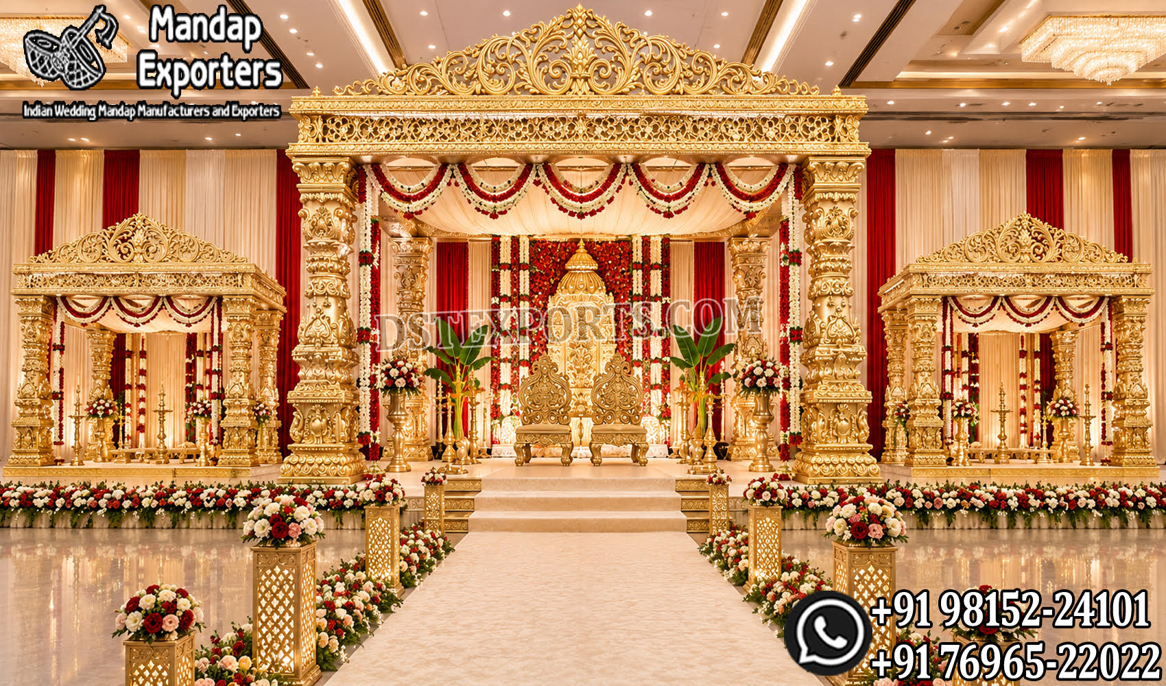Grand Golden Tamil Manavarai Mandapam with intricately carved pillars and luxurious wedding stage décor for South Indian Hindu weddings, manufactured and exported for USA event planners, wedding decorators, banquet halls, and luxury wedding venues