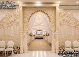 Luxury Carved 3D Fiber Panel for Entry Gate Luxury carved 3D fiber panel entry gate with royal Mughal-style arch, decorative side panels, and elegant white finish for wedding entrance decoration.