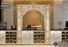 Premium Live Stall Counter for Wedding Decor Premium stainless steel live wedding food stall counter with decorative white and gold panels, elegant center arch, and luxury catering setup for wedding receptions, banquets, hotels, and event décor.