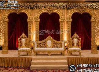 South Indian Wedding Golden Fiber Arch Panels destination wedding mandap, fusion wedding pavilion mandap, luxury wedding canopy, outdoor wedding mandap, white and gold wedding mandap, laser cut wedding mandap, Islamic style wedding mandap, Mughal inspired mandap, royal wedding pavilion, designer wedding mandap setup, premium wedding mandap décor, floral wedding mandap, crystal hanging mandap, luxury phera mandap, wedding stage decoration, modern wedding mandap design, elegant wedding canopy setup, destination wedding decor Royal Mughal Wedding Stage Backdrop, Mughal Arch Wedding Backdrop, Fiber Wedding Stage Panels, Luxury Wedding Stage Decor, Arabic Wedding Backdrop, Muslim Wedding Stage Setup, Nikkah Stage Decoration, Walima Stage Backdrop, Reception Stage Design, Wedding Backdrop Manufacturer, FRP Wedding Panels, Carved Wedding Backdrop, Indian Wedding Stage Decor, Heritage Wedding Backdrop, Dome Arch Backdrop Panels, Event Stage Decoration, Wedding Furniture Set, Royal Wedding Sofa Set, Bride Groom Stage Setup