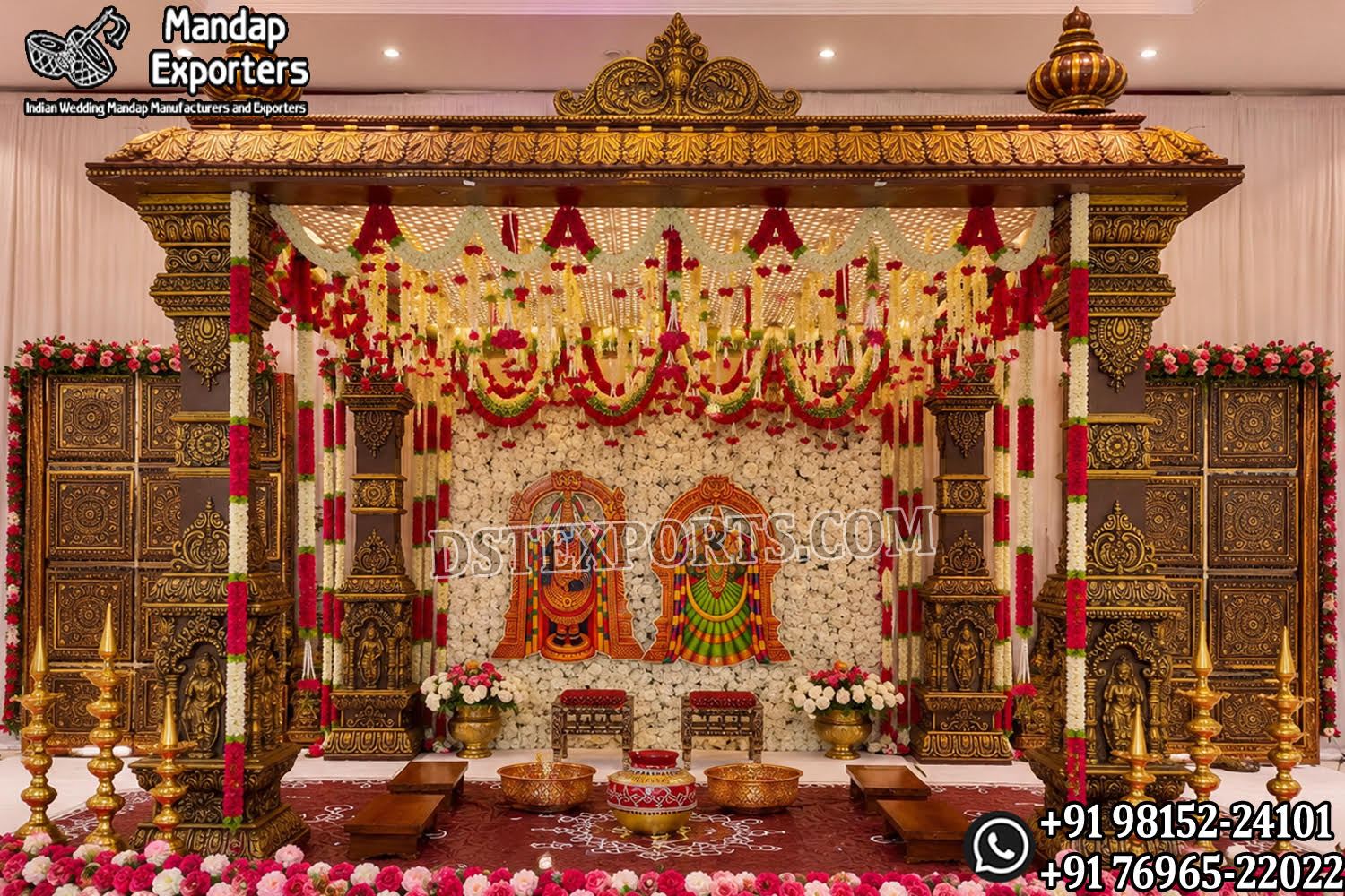 Luxury Temple Style Kalyana Mandapam for Tamil Wedding Ceremony with Traditional South Indian Temple Carvings and Floral Decoration