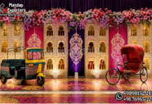 Ethnic Wedding Mirror Backdrops Decor with Auto Rickshaw Prop Ethnic Indian wedding mirror backdrop décor with colorful traditional panels, Auto Rickshaw and Cycle Rickshaw props for Mehndi, Sangeet and wedding events.