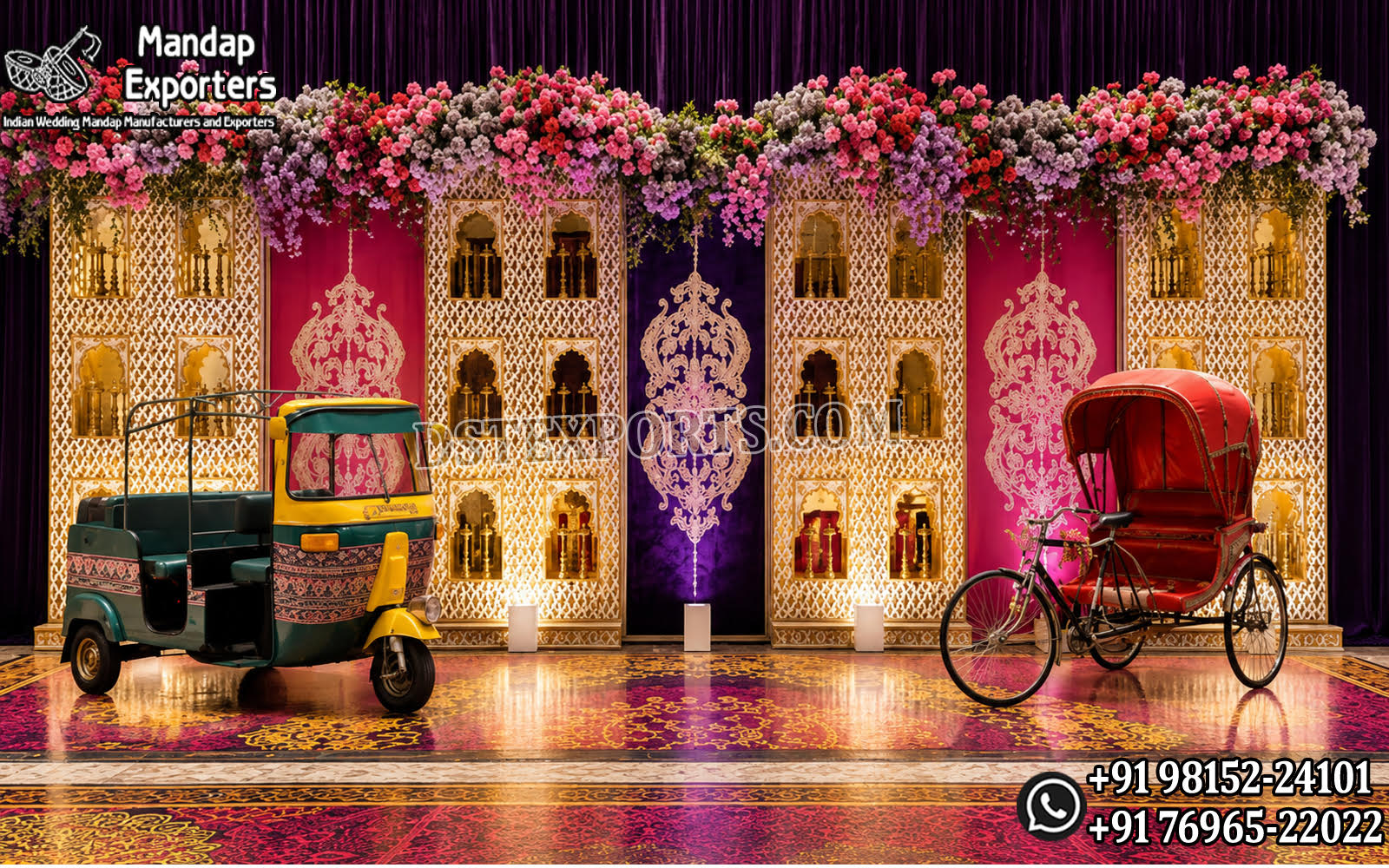 Ethnic Indian wedding mirror backdrop décor with colorful traditional panels, Auto Rickshaw and Cycle Rickshaw props for Mehndi, Sangeet and wedding events.