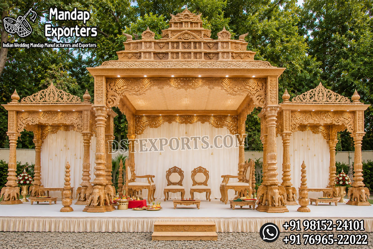Grand Elephant Pillar Manavarai Wedding Mandap featuring intricately carved temple-style architecture, majestic elephant base pillars, decorative side pavilions, elegant ceremonial canopy, royal wedding chairs, and traditional South Indian craftsmanship. Premium FRP modular wedding mandap ideal for luxury Indian weddings, event decorators, banquet halls, hotels, resorts, and destination wedding venues in the USA.