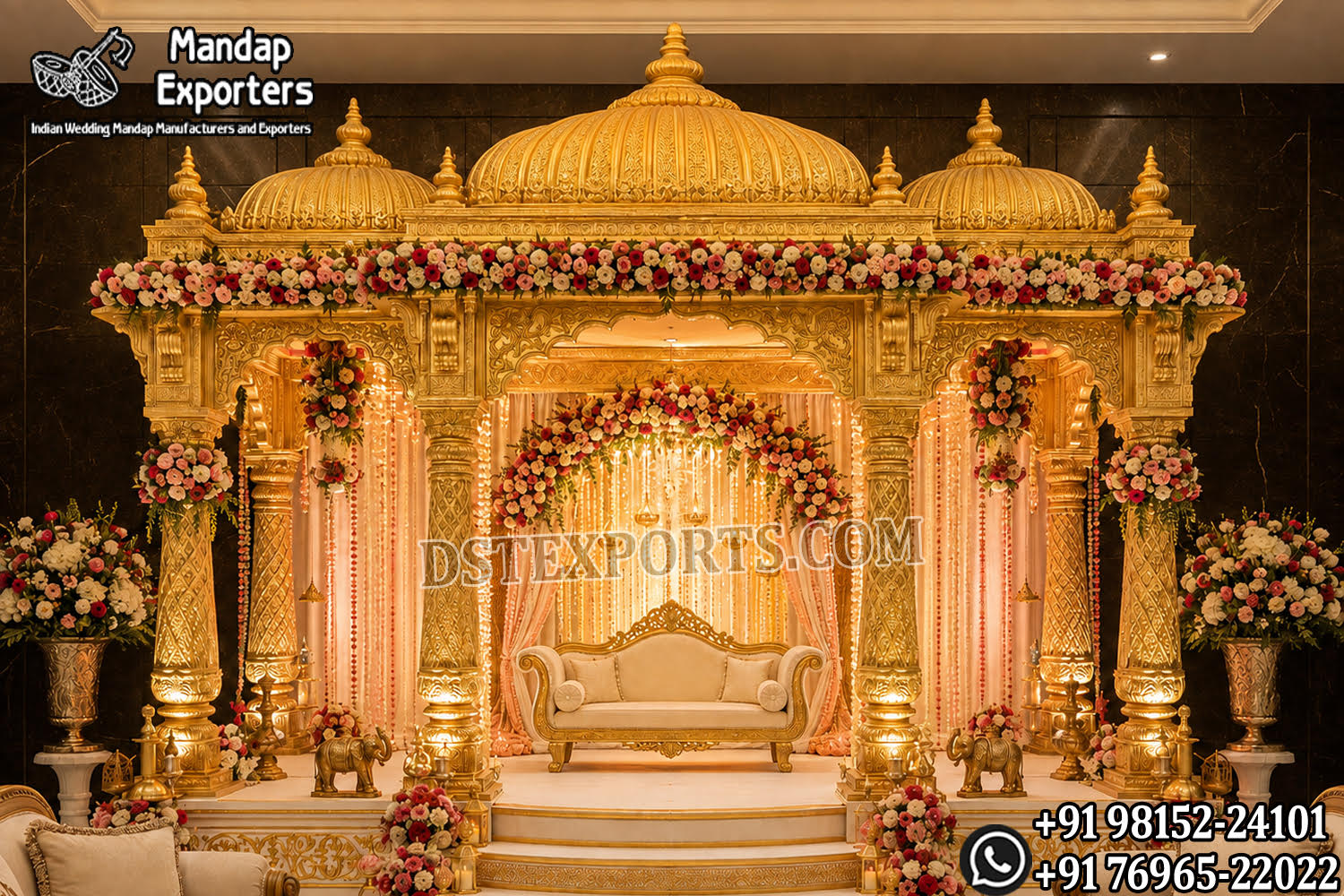 Grand golden Indian wedding mandap with royal domes, carved pillars, floral decorations, luxury stage backdrop and traditional Hindu wedding décor.