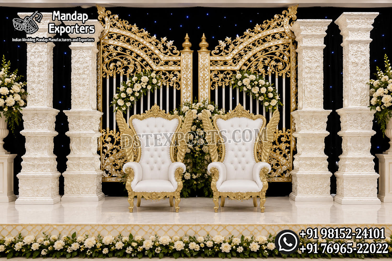 Luxury Bollywood Wedding Stage Setup with White & Gold Gate Frame, Hand-Carved Decorative Pillars and Royal Bridal Chairs for Indian Wedding Reception | Wedding Stage Manufacturer & Exporter