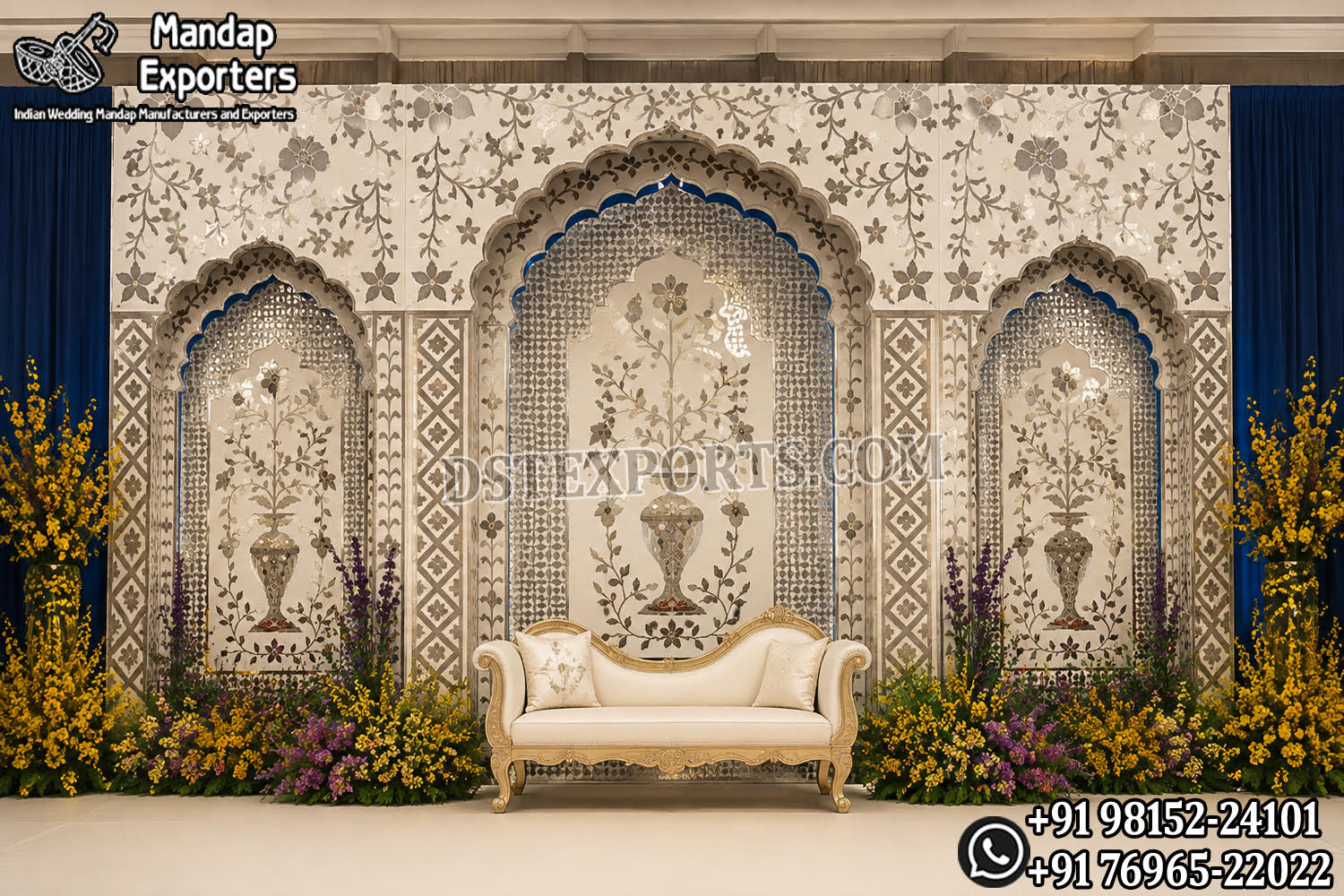 Mughal Jharokha style mirror wedding stage backdrop frames with floral inlay design, royal arches and luxury bride groom sofa seating.