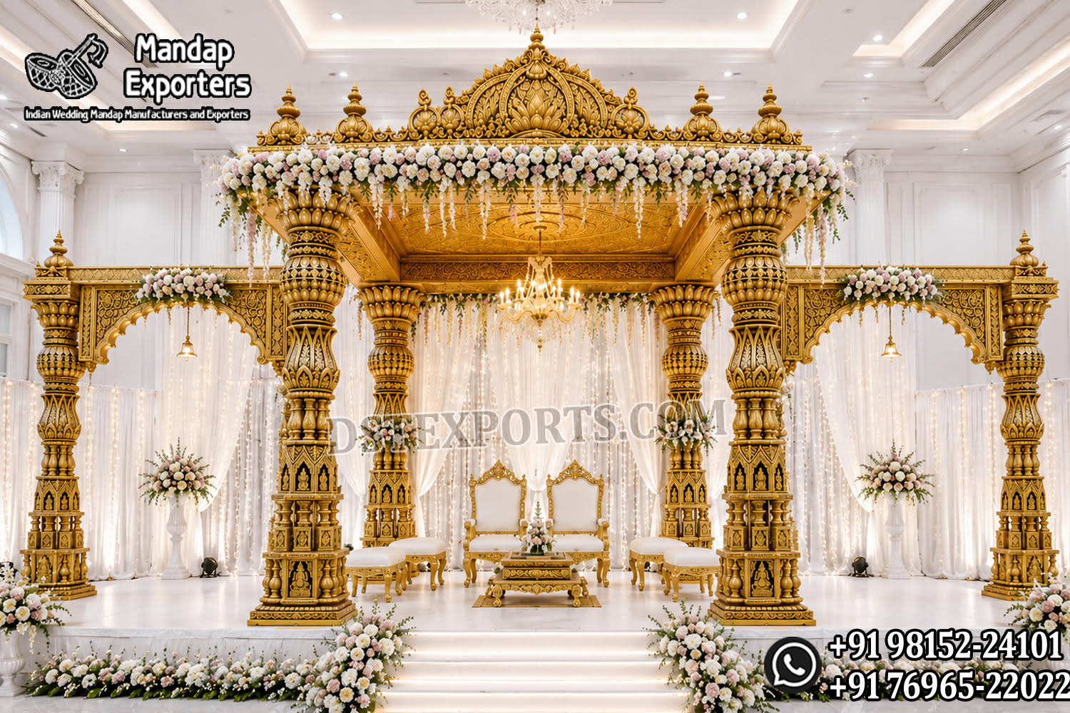 Premium gold carved temple-style wedding mandap with decorative pillars, side arches and a grand crown for Indian weddings in the USA.