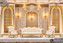 Royal White & Gold Victorian Wedding Stage for Luxury Events Royal white and gold Victorian wedding stage with luxury carved backdrop, throne chairs and sofa for USA weddings, receptions and luxury events
