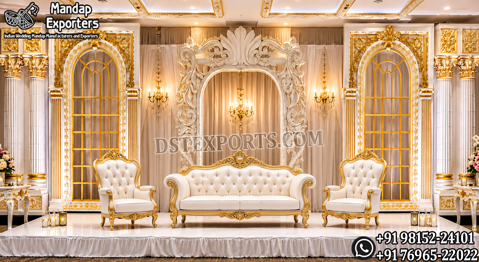 Royal white and gold Victorian wedding stage with luxury carved backdrop, throne chairs and sofa for USA weddings, receptions and luxury events