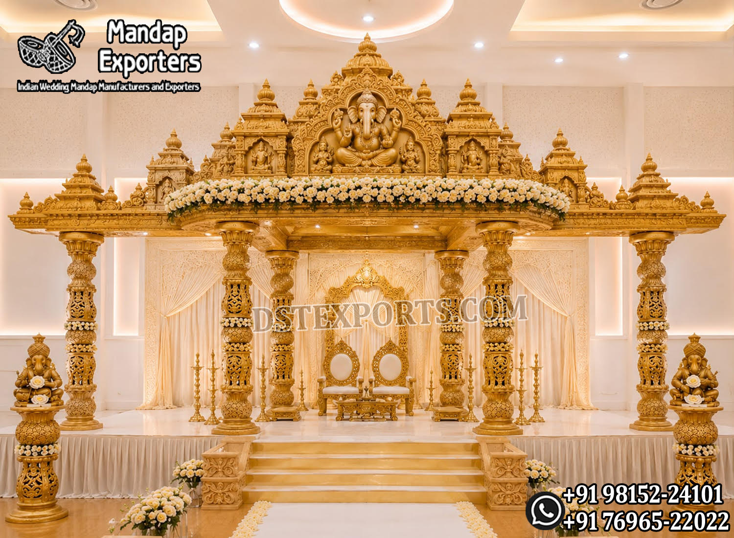 South Indian Anmol Golden Carved Manavarai Mandap Set with Temple Style Gopuram, Hand-Carved Pillars & Lord Ganesha | Luxury Wedding Mandap Manufacturer & Exporter for USA Event Planners