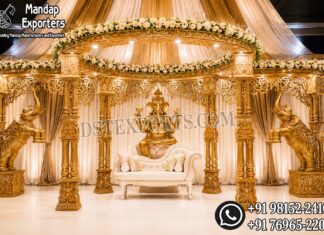 Traditional Double Pole Wedding Mandap with Elephant Statues Luxury Traditional Double Pole Wedding Mandap with Royal Elephant Statues in Antique Gold Finish, Premium FRP Wedding Stage for Hindu Weddings by DST Exports Manufacturer & Exporter