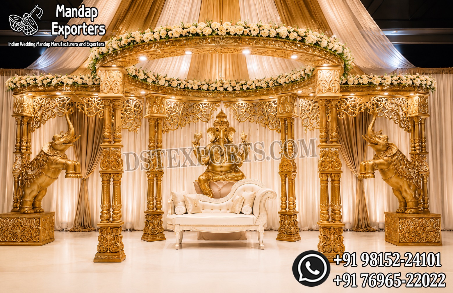 Luxury Traditional Double Pole Wedding Mandap with Royal Elephant Statues in Antique Gold Finish, Premium FRP Wedding Stage for Hindu Weddings by DST Exports Manufacturer & Exporter