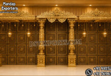 Traditional Golden Carved Arangetram Stage With Pillars & Frames