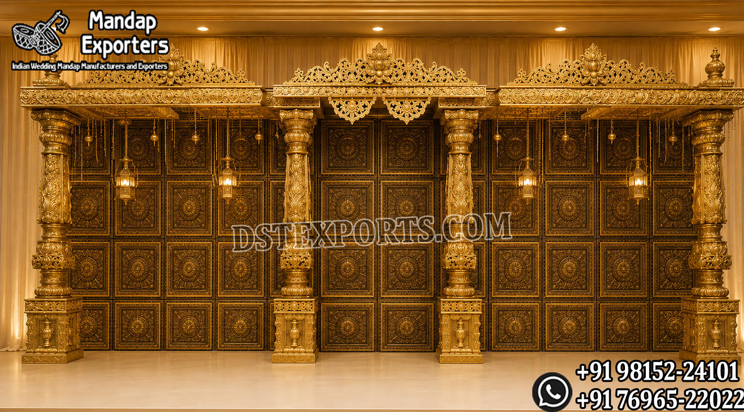 Traditional golden carved Arangetram stage with ornate pillars, decorative frames, temple-style backdrop panels and hanging lamps for Bharatanatyam and Indian classical dance events.