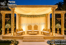 Traditional Indian Wedding Golden Square Mandap Traditional Indian Wedding Golden Square Mandap with ornate gold carved pillars, luxury canopy, royal wedding chairs and extended side columns for Hindu wedding ceremonies and Indian wedding décor.