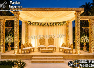 Traditional Indian Wedding Golden Square Mandap Traditional Indian Wedding Golden Square Mandap with ornate gold carved pillars, luxury canopy, royal wedding chairs and extended side columns for Hindu wedding ceremonies and Indian wedding décor.
