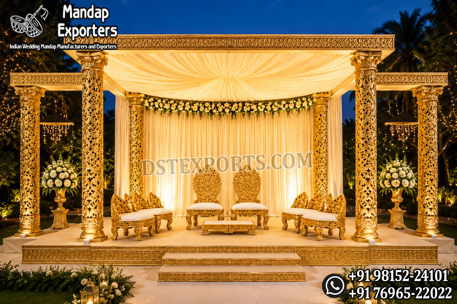 Traditional Indian Wedding Golden Square Mandap with ornate gold carved pillars, luxury canopy, royal wedding chairs and extended side columns for Hindu wedding ceremonies and Indian wedding décor.