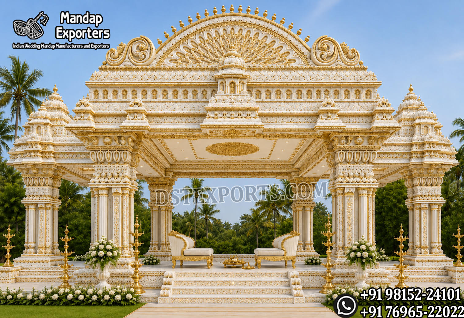 Traditional South Indian Temple Style Kalyana Mandapam with intricately carved ivory and gold pillars, grand temple-inspired roof, luxury wedding stage, bridal seating, and decorative brass lamps for Hindu weddings, Indian wedding venues, and USA event decorators.