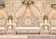 Elegant White and Gold Carved Bridal Sofa Set for Luxury Reception Stages Elegant White and Gold Carved Bridal Sofa Set for Luxury Reception Stages