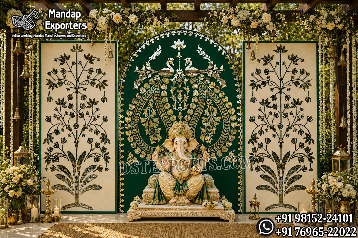 Grand Peacock Ganpati Entrance for Hindu Weddings:Grand Peacock Ganpati wedding entrance with Lord Ganesha centerpiece, green and gold peacock backdrop and decorative tree panels.