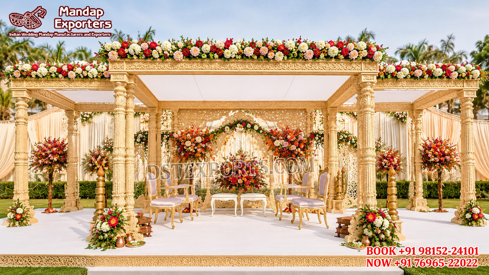 Indian Wedding Haveli Look Triple Pillars Wooden Mandap 