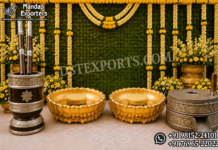 Luxury Haldi Ceremony Props For South Indian Weddings Golden lotus Haldi tubs with stools, Rolu-Rokali and Chakki props for a South Indian wedding ceremony.