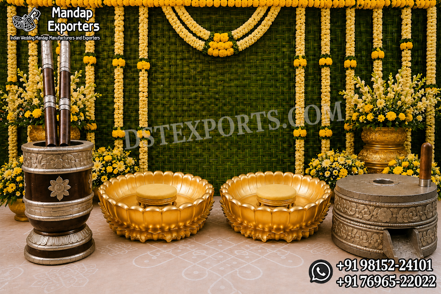 Luxury Haldi Ceremony Props For South Indian Weddings :Golden lotus Haldi tubs with stools, Rolu-Rokali and Chakki props for a South Indian wedding ceremony.